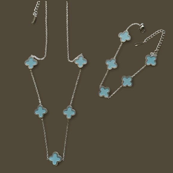 Silver and Blue Clover Flower Necklace and Bracelet Set - Stainless Steel - Picture 1 of 5